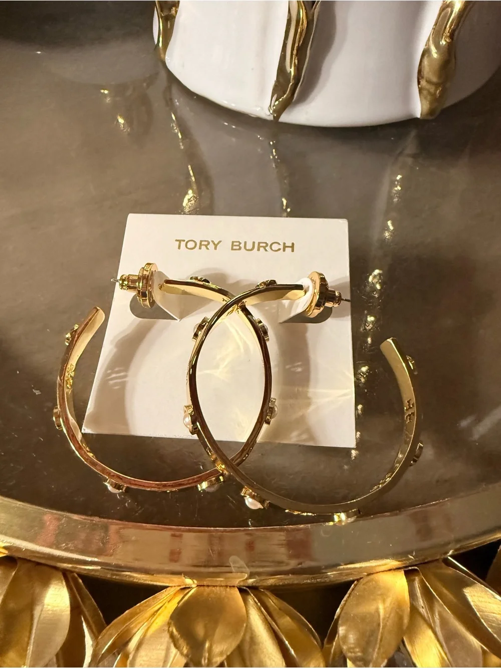 Tory Burch Gold-Tone Decorative Hoop Earrings with Logo and Pearls